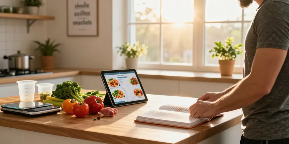 Healthy meal preparation while using the best calorie tracking app in a bright kitchen.