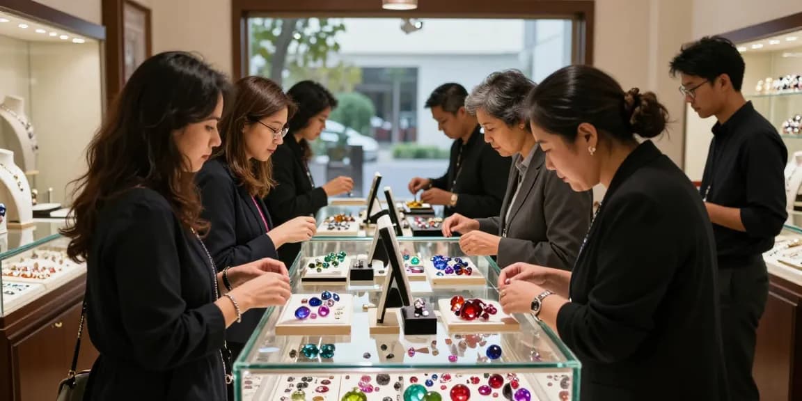 Explore gemstones at My Gem Spot's elegant marketplace, highlighting quality stones and engaging customers.