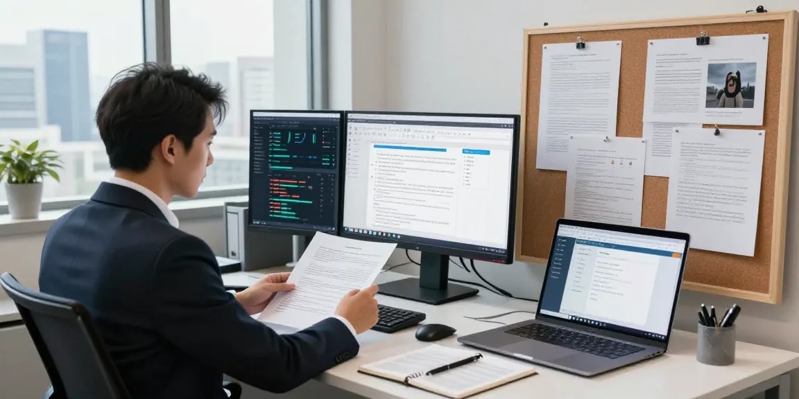 Compliance analyst conducting document fraud detection analysis in a modern office.