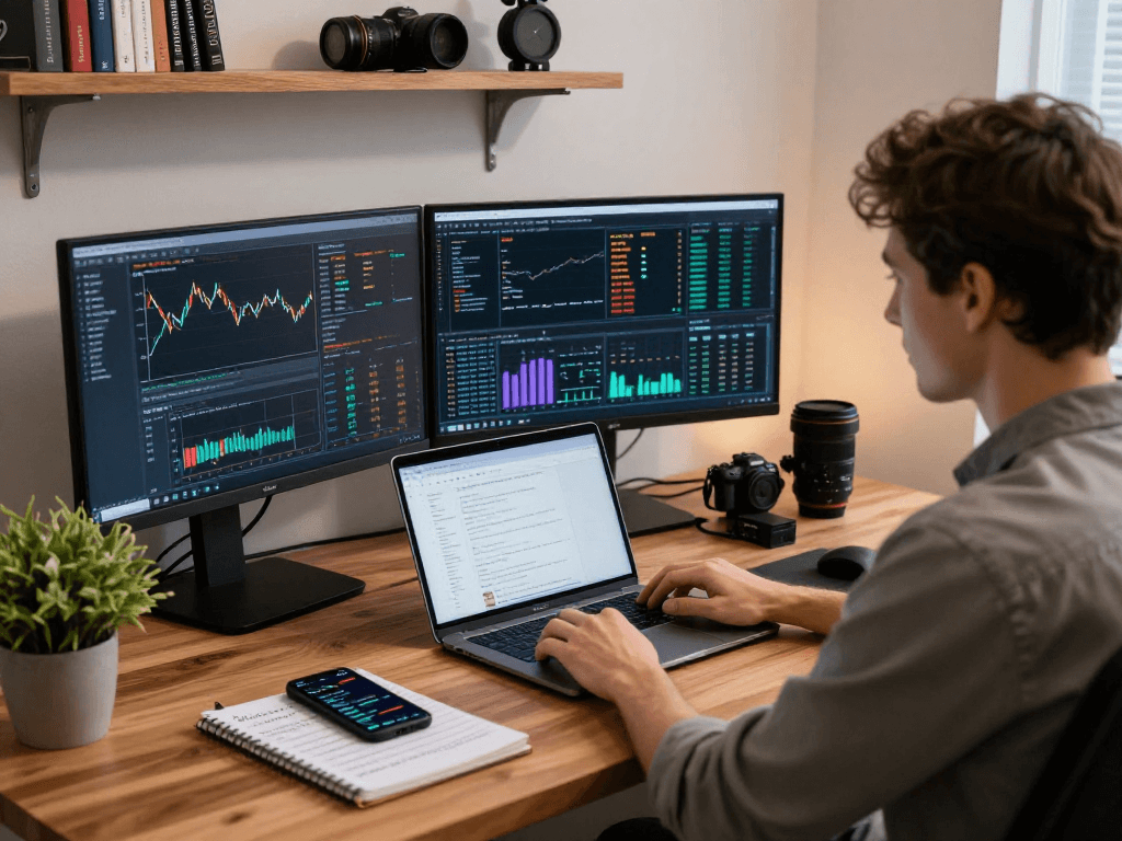 Developer analyzing US corn futures API data in a modern workspace, focusing on real-time forex trends.