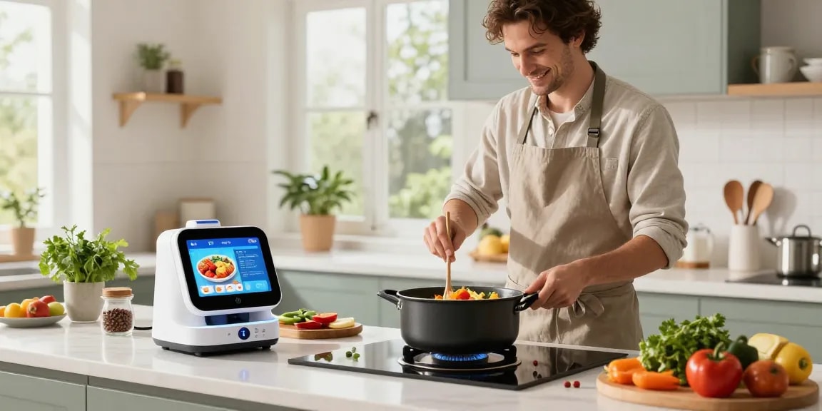 Home cook using AI cooking gadgets with fresh ingredients in a bright, modern kitchen.