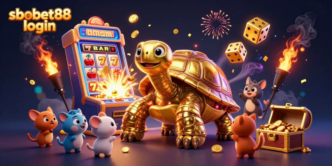 SboBet88 login experience with a vibrant depiction of casino games and animated characters enjoying the action.