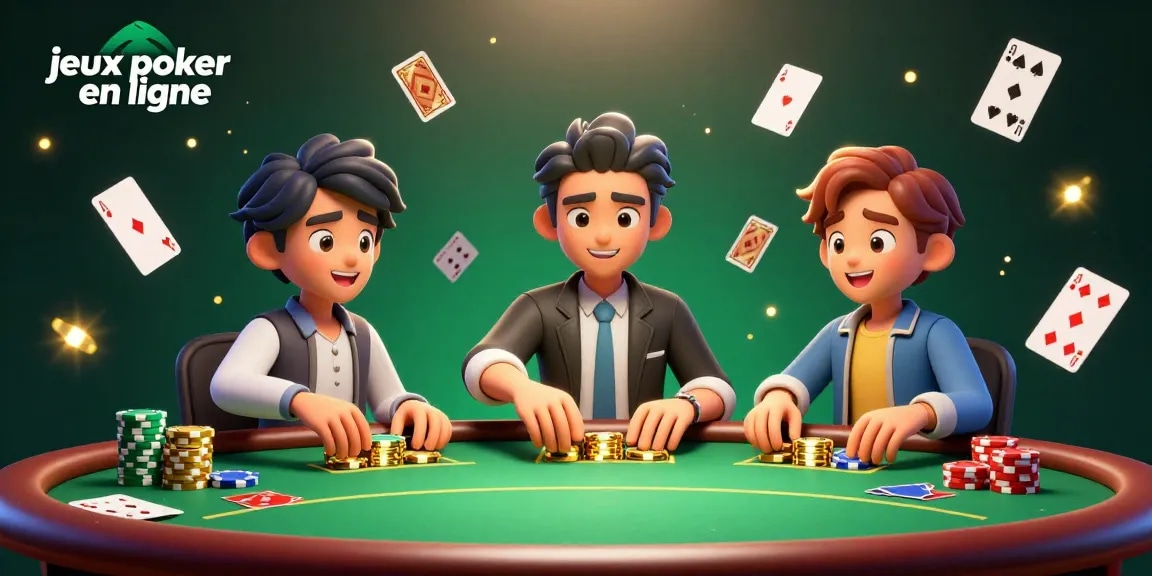 Jouez à des jeux poker en ligne avec des cartes, jetons et ambiance de casino.