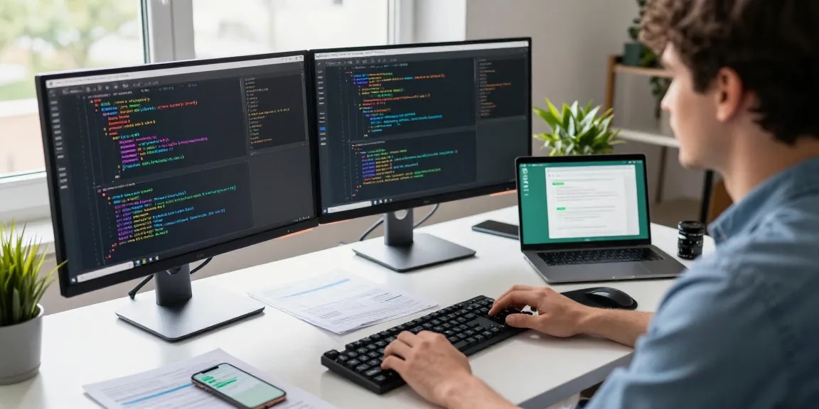 Programmer using WhatsApp網頁版 on dual monitors in a modern workspace.