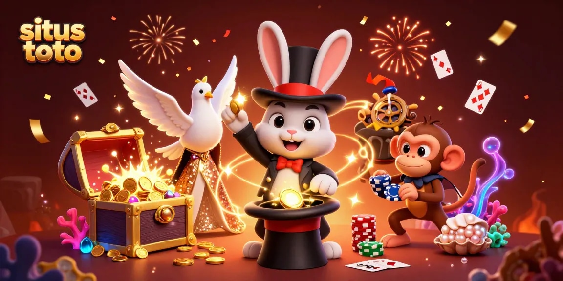 Explore situs toto with a 3D magician pulling coins, immersed in a vibrant casino scene.
