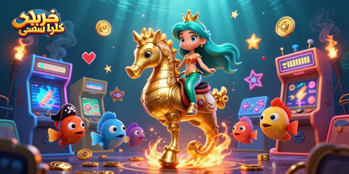 Engage with the vibrant world of خرید کلید لمسی in this lively underwater casino-inspired illustration featuring characters and gaming elements.