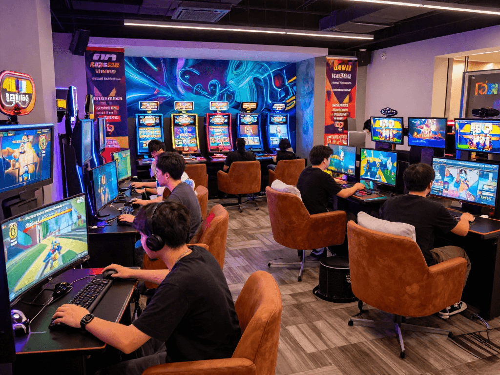 Engaging scene at the raja328 link online gaming platform with players enjoying vibrant games in a lively lounge.