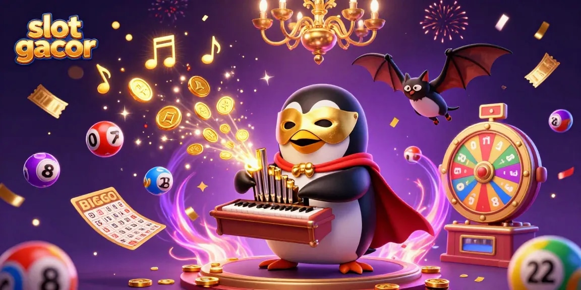 Experience thrilling gameplay with slot gacor as a penguin plays organ that shoots coins while dynamic lottery elements surround.