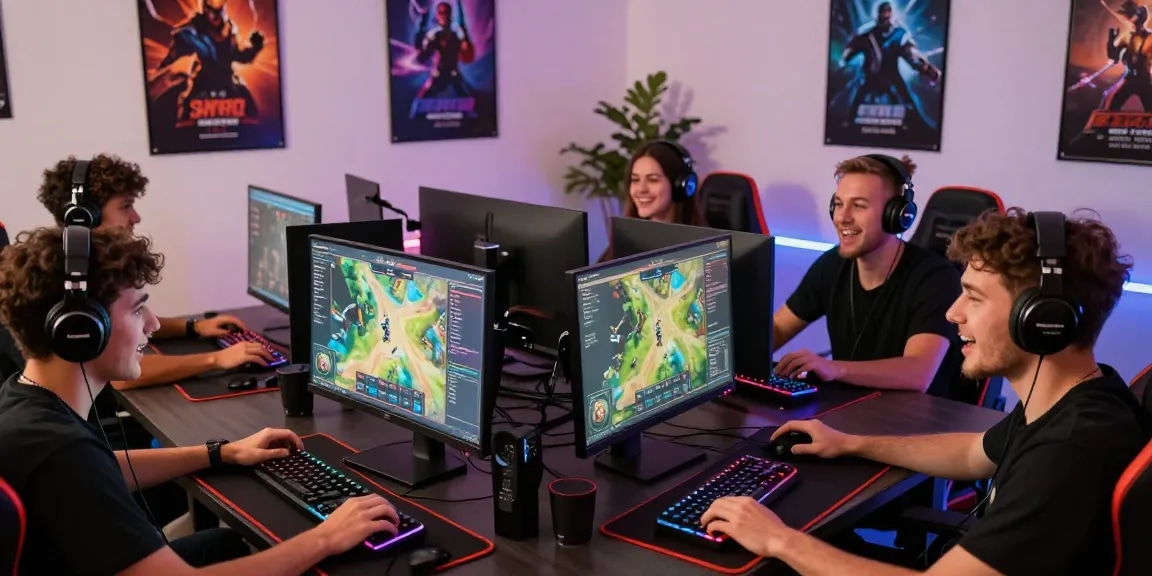 Gamers engaging intensely on a 토토사이트 platform in a stylish gaming room filled with vibrant tech.