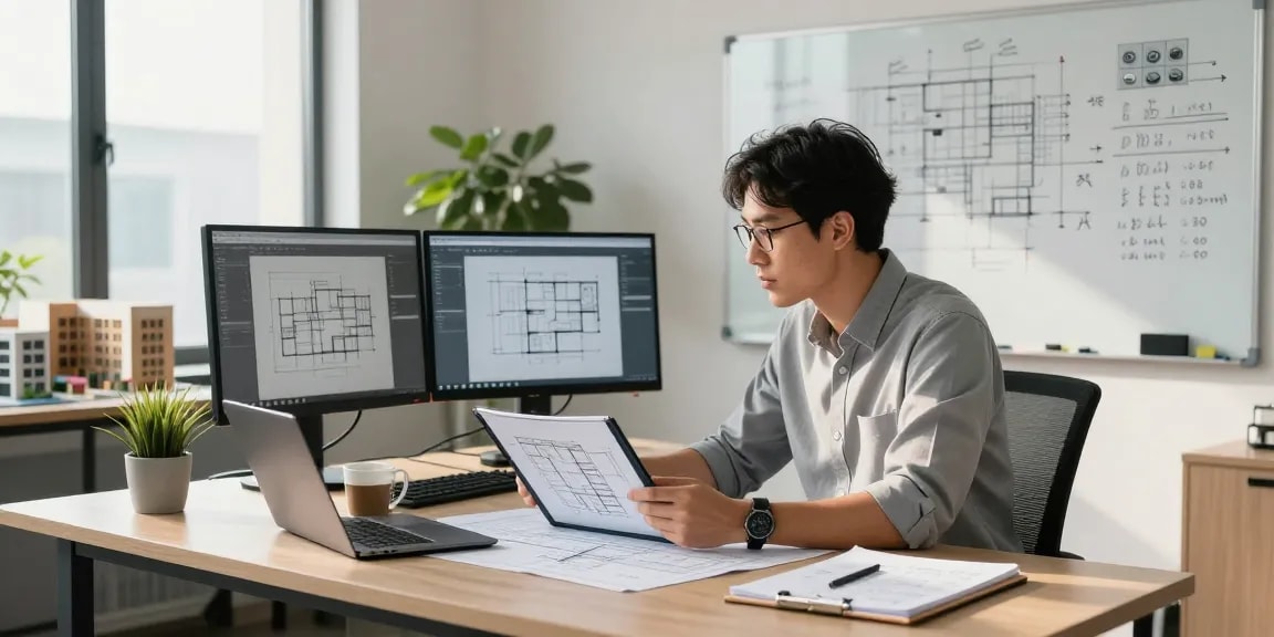 Engineering expert witness Missouri reviewing blueprints and technical drawings in a modern office space