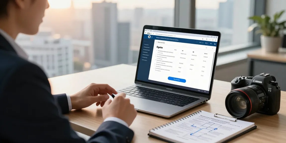 Business professional reviewing age verification system in a modern office setting with a city backdrop.