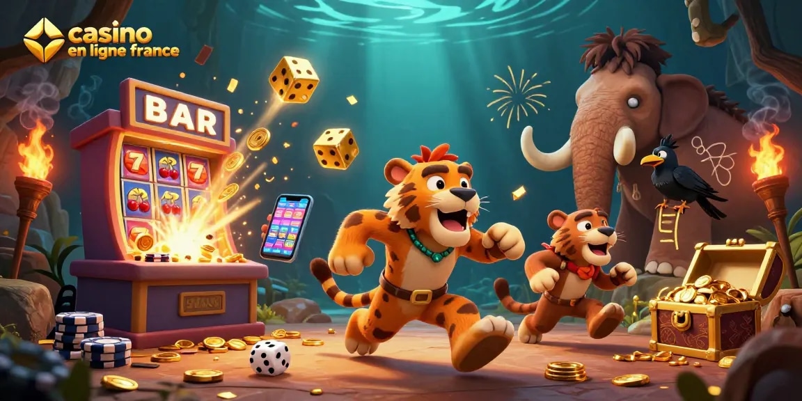 Jouez au casino en ligne France avec des machines à sous et des jetons dans un décor préhistorique.