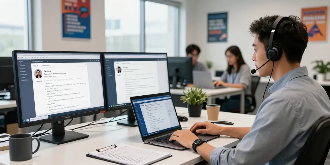 Customer service representative assisting with Telus-Technical-Support queries in a modern office environment.