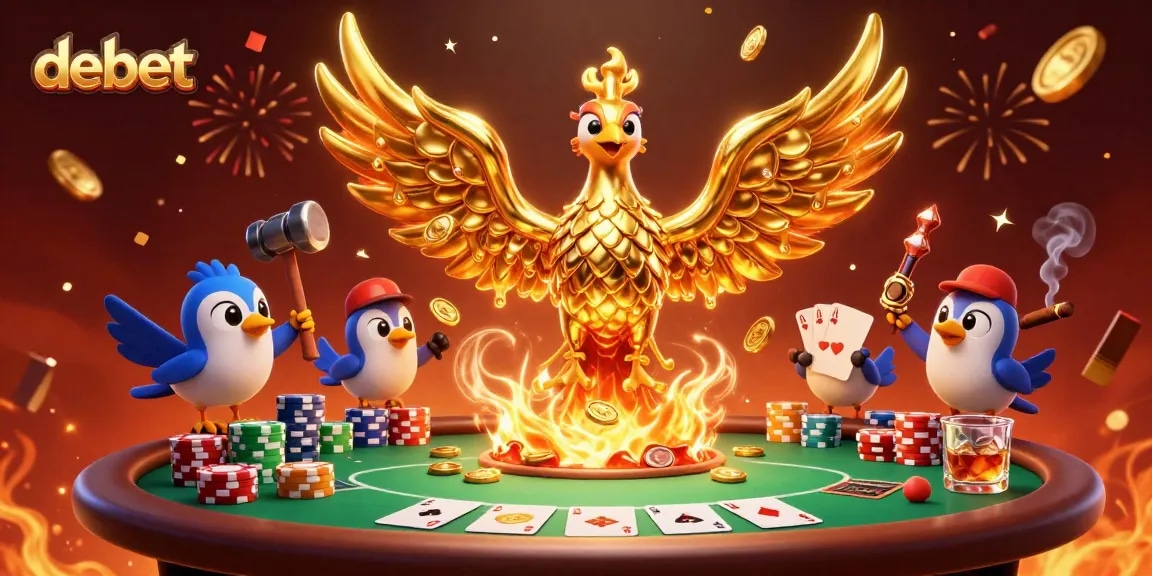 Experience the thrill of debet with a dynamic 3D illustration featuring a molten golden phoenix and poker elements.
