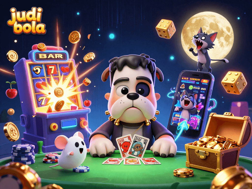 Engage in judi bola excitement with lively characters at a playful, dynamic casino scene.