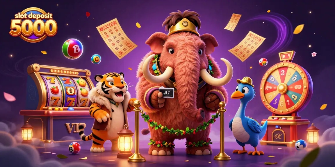 Slot deposit 5000: Bouncer mammoth memeriksa ID VIP dengan latar belakang permainan slot penuh warna.