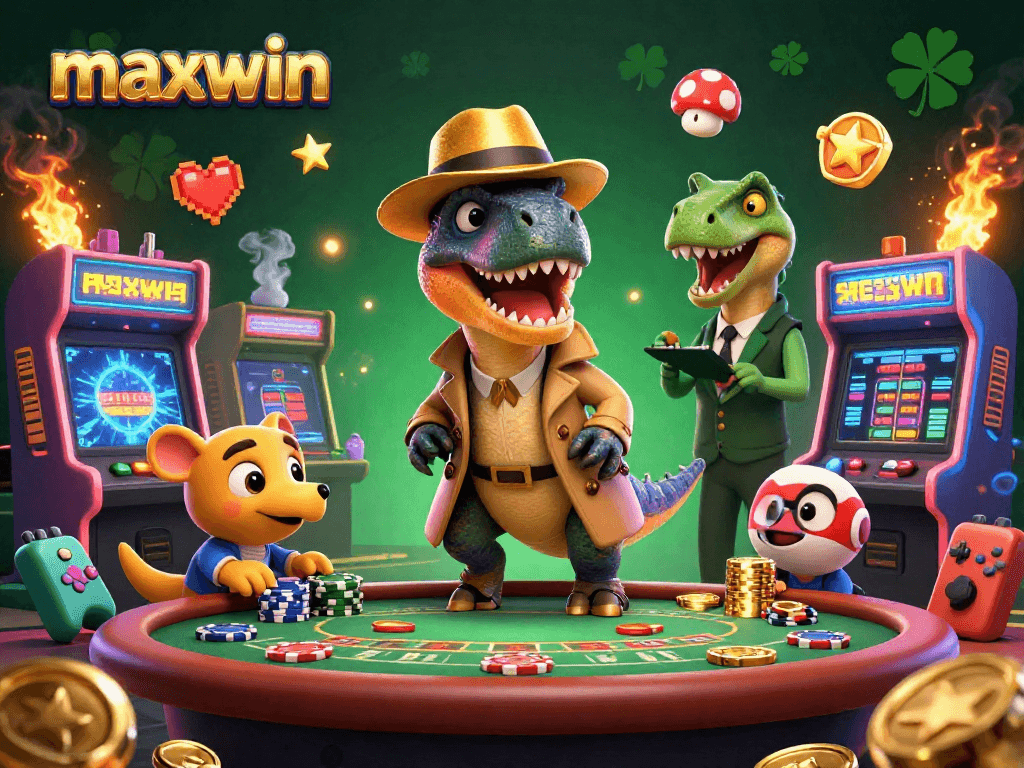 Visualisasi 3D menarik dari makhluk permainan kasino maxwin dengan velociraptor, stegosaurus, dan compy mencuri chip.