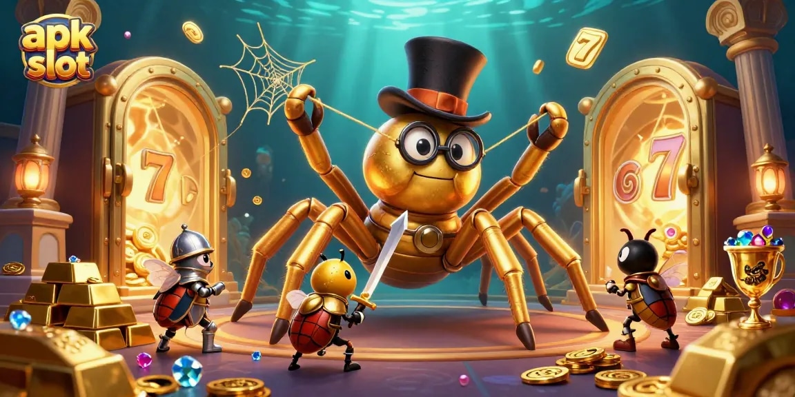 Engage with the thrilling apk slot adventure, featuring a golden tarantula and beetle knight in a vibrant casino.