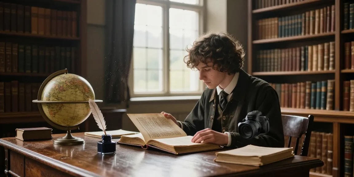 Explore historical narratives at https://tyntescastle.com with a reader in a vintage library setting.