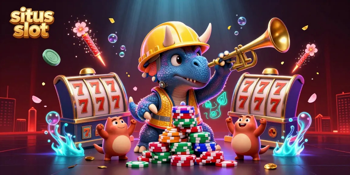 Permainan situs slot dengan triceratops bersenjatakan chip poker dan perayaan meriah.