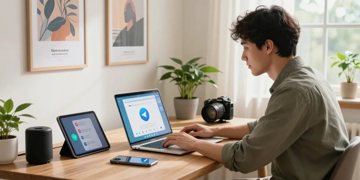 Young professional using the telegram china working app in a modern home office.