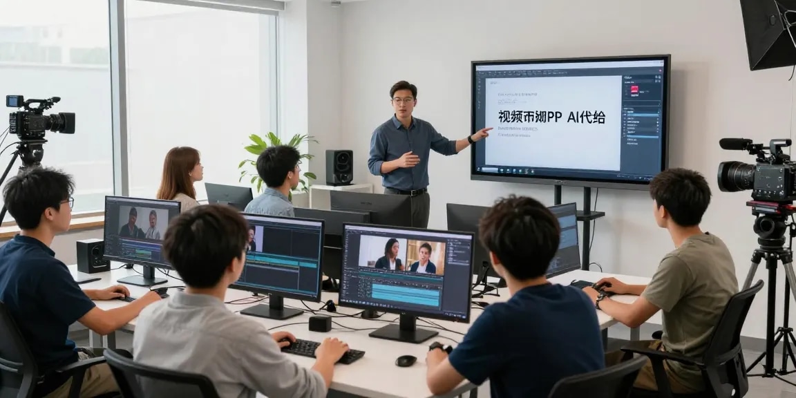 Instructor guiding students on video prompt ai technology in a modern studio.