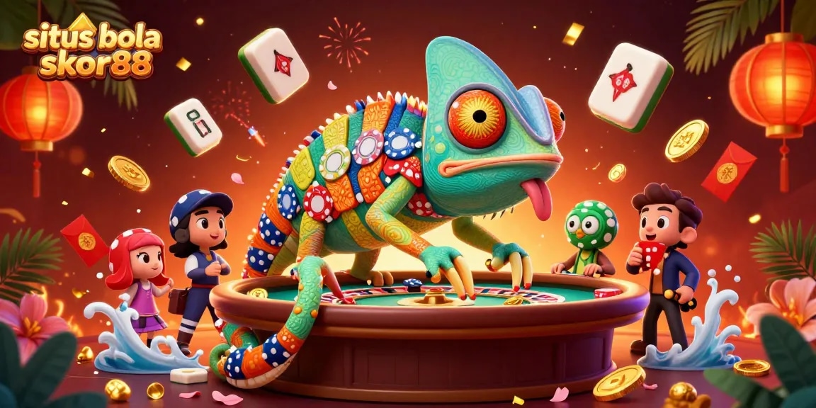 Experience thrilling bets at situs bola skor88 with a vibrant casino and chameleon mascot illustration.