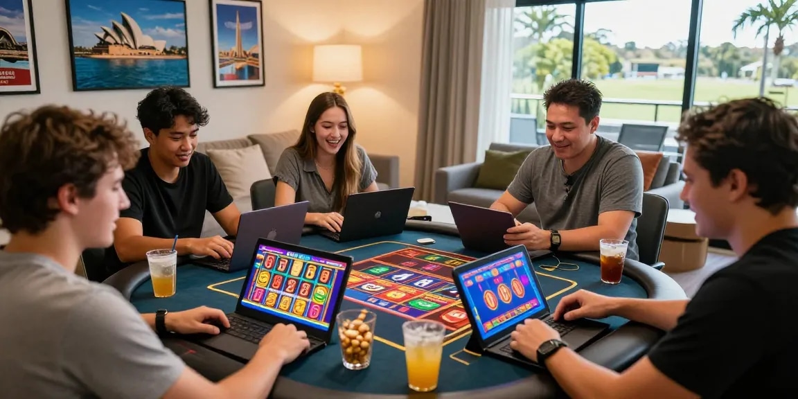 Exciting scene of friends enjoying online casinos Australia with laptops, snacks, and colorful game displays.
