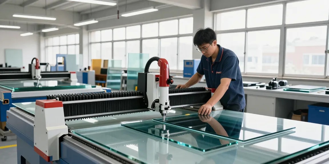Technician at a glass cutting table, showcasing precision cutting in a bright workshop.