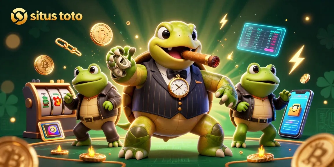 Experience the excitement of situs toto with a vibrant casino scene featuring a snapping turtle mobster and enforcer frogs.