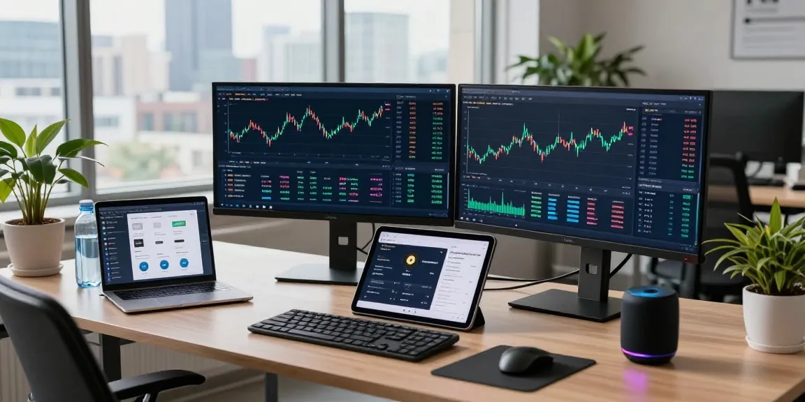 Cricbet99 trading workspace with cryptocurrency charts and DeFi analytics in a modern office setting.