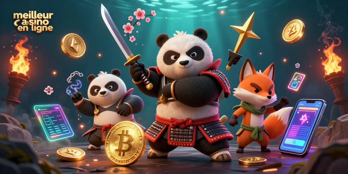 Visitez le meilleur casino en ligne avec une illustration 3D d'un panda samouraï, une renarde ninja et un tanuki.