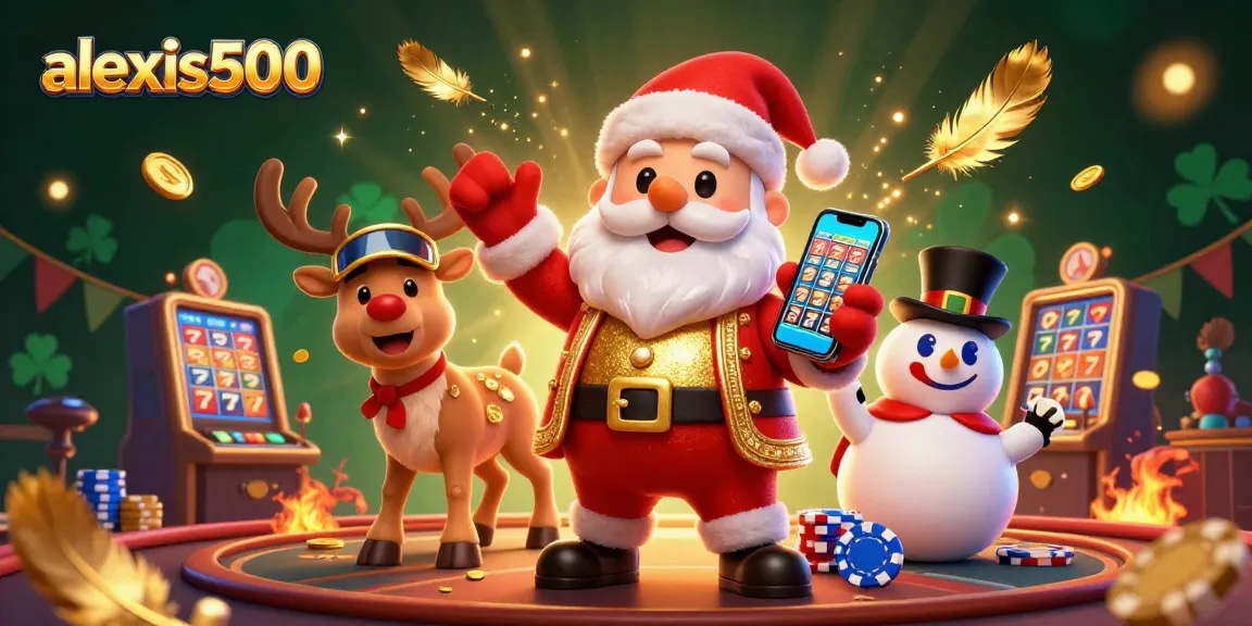 Experience exciting gameplay with alexis500 at a vibrant casino scene featuring Santa and friends.