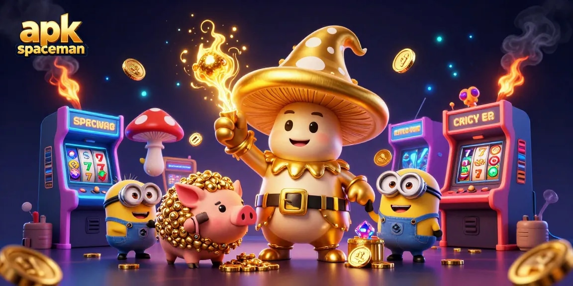 Experience the thrill of apk spaceman with golden treasures and arcade games in this captivating casino illustration.