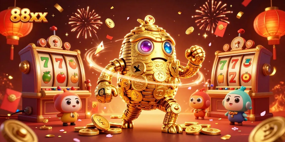 Spin lucky slots with the enchanting 88xx golden golem amidst a festive casino backdrop