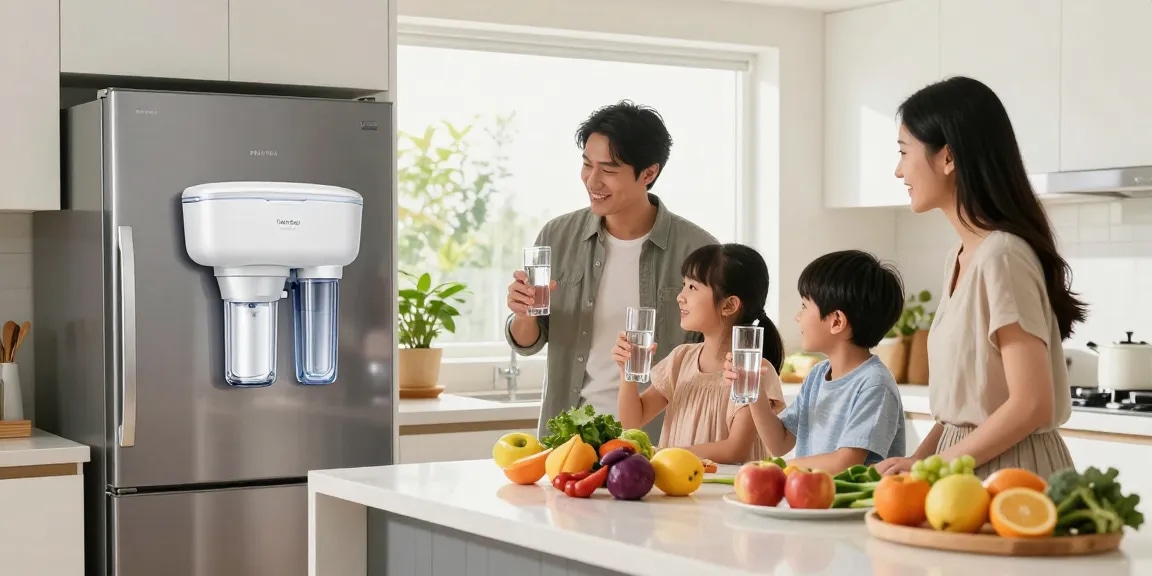 Waterdrop Alkaline DA97-17376B Water Filter enhancing a family's healthy lifestyle in a modern kitchen