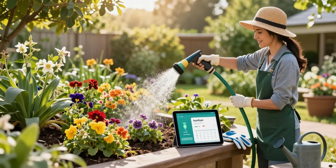 Gardener using the best hose nozzle in a vibrant garden setting to ensure optimal plant growth.