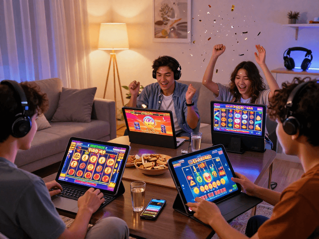 Exciting togel 4d gaming scene with players celebrating wins on modern devices in a cozy setting.