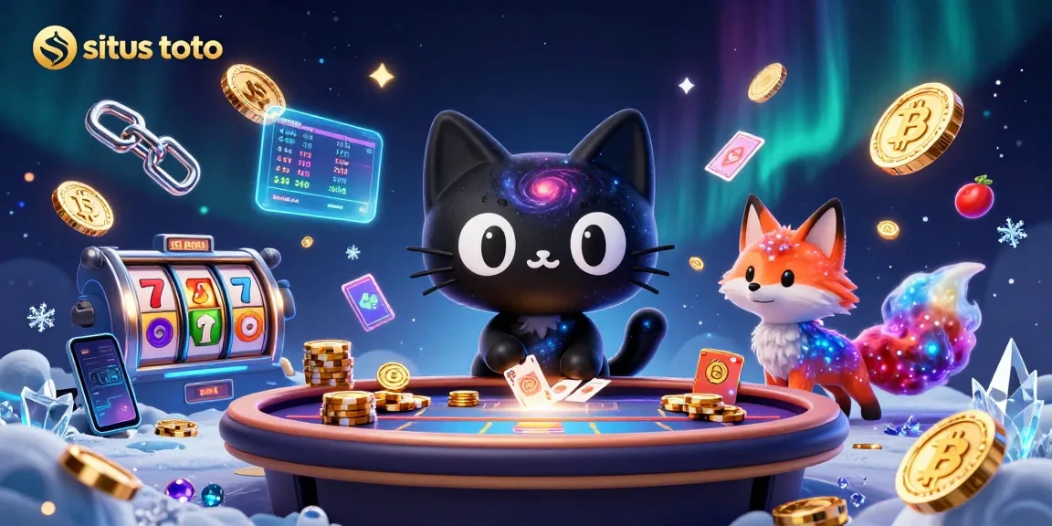 Engage in situs toto gaming with a vibrant cosmic-themed casino illustration showcasing an animated black hole cat.