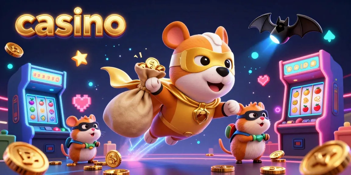 Superhero dog showcases a vibrant casino scene filled with games and gold coins.