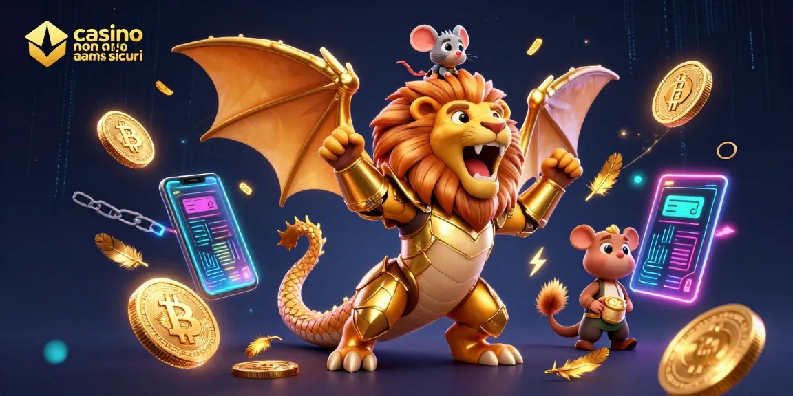 Interagisci con i casino non AAMS sicuri in questa vibrante illustrazione 3D di una chimera e elementi crypto.