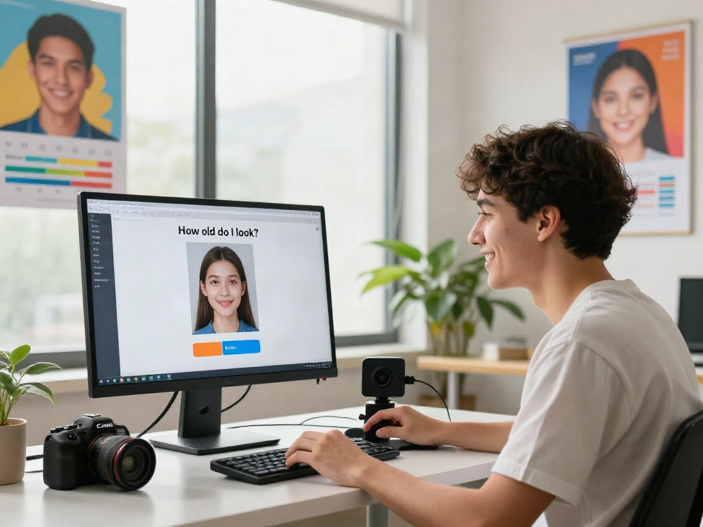 Person using AI to determine how old do I look in a modern studio setting.