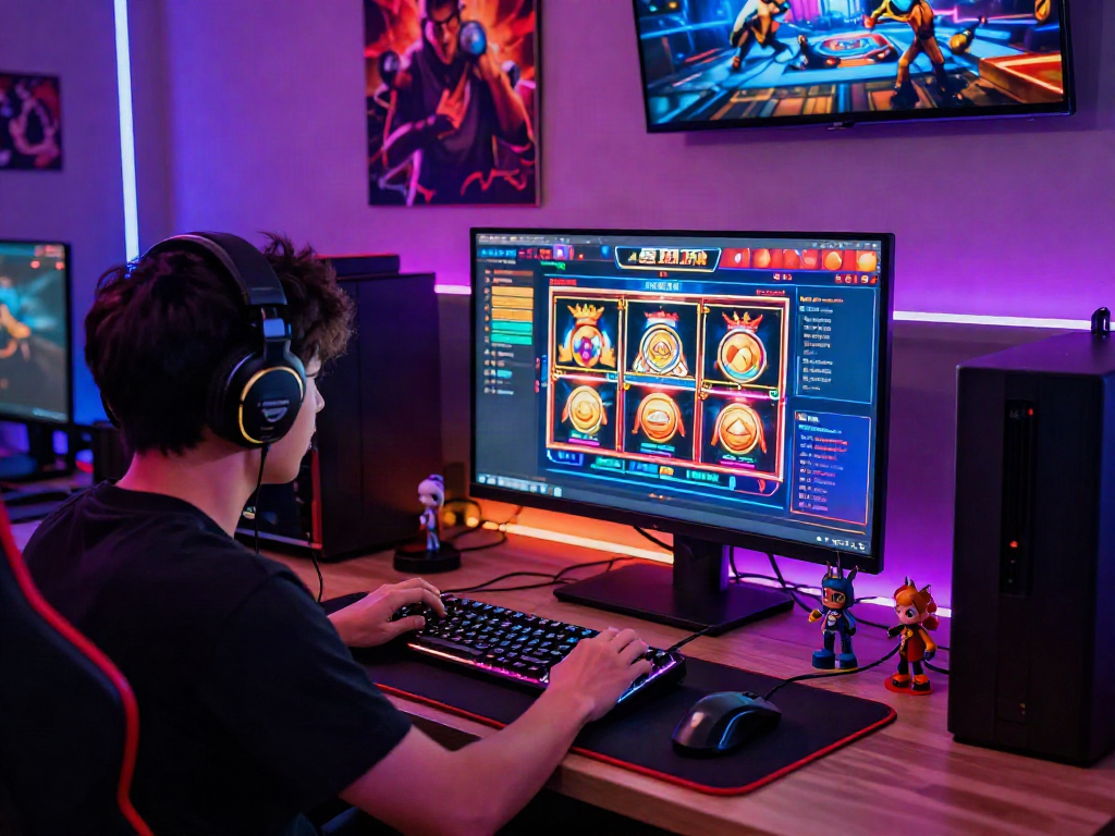 Engaged player enjoying bandar slot gacor in a vibrant gaming setup with colorful lights.
