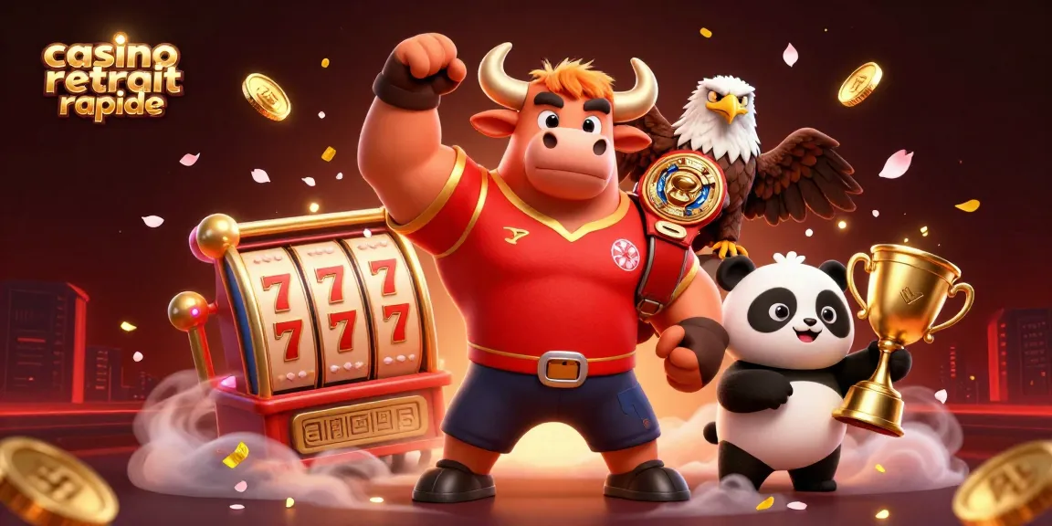 Obtenez un retrait rapide au casino avec cette illustration dynamique montrant une mascotte en forme de taureau et des réussites.