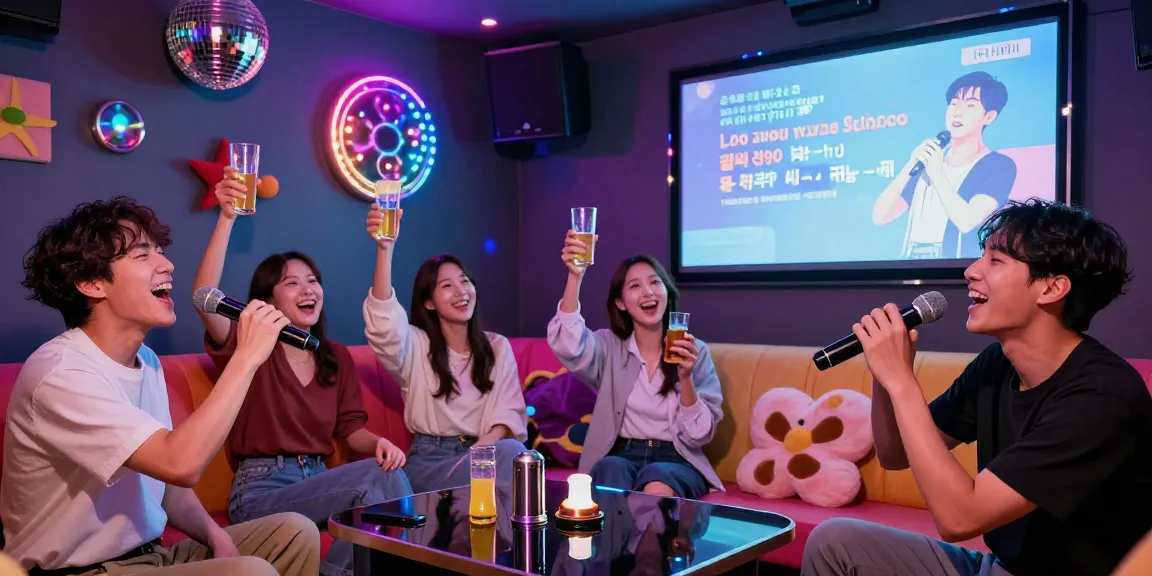 Fun group enjoying karaoke at 강남노래방 with vibrant lights and lively atmosphere.