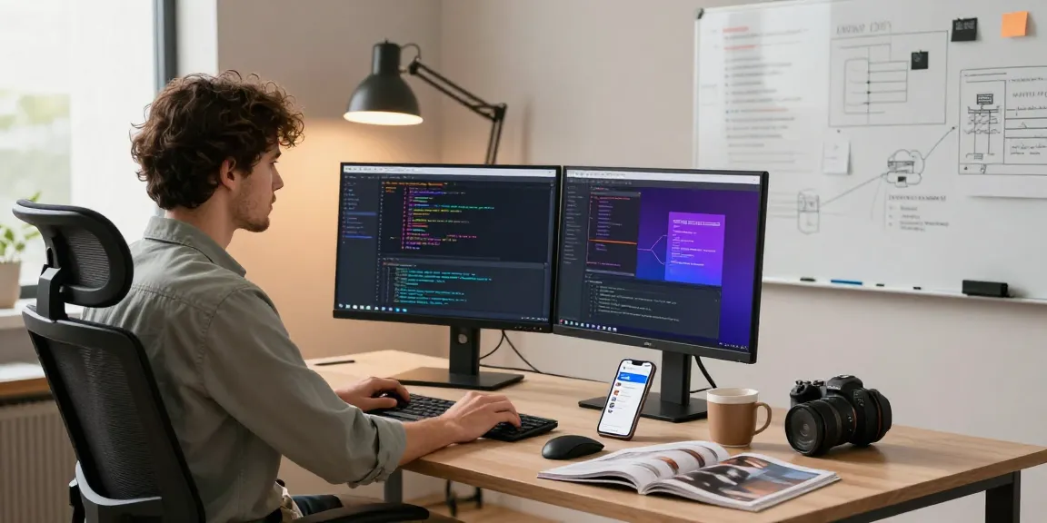 Developer coding in a modern office showcasing 纸飞机中文版 on dual screens with vibrant tech elements.