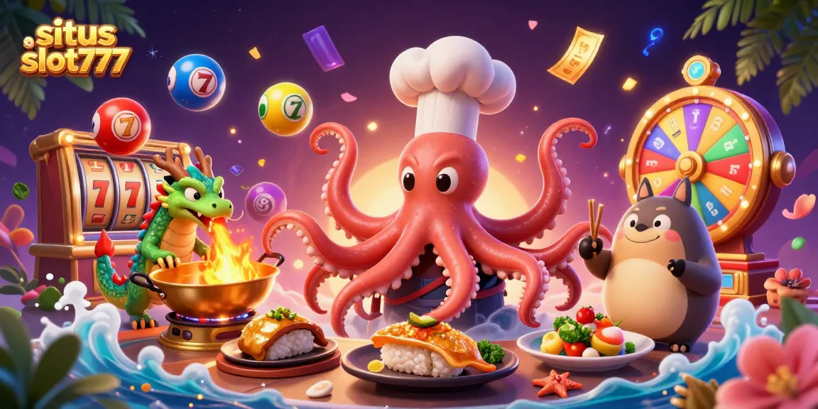 Situs slot777 showcases a vibrant 3D scene of luck with cartoon characters and casino elements.