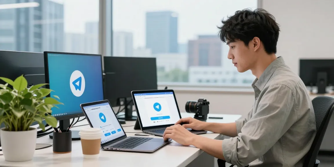 Chinese user utilizing telegramin-cn.com on multiple devices in a modern office setup
