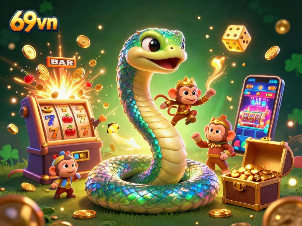 Play thrilling casino games and experience exciting jackpots at 69vn, featuring vibrant 3D illustrations.