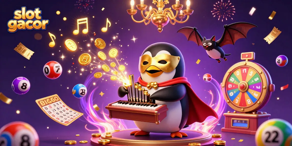 Experience thrilling gameplay with slot gacor as a penguin plays organ that shoots coins while dynamic lottery elements surround.